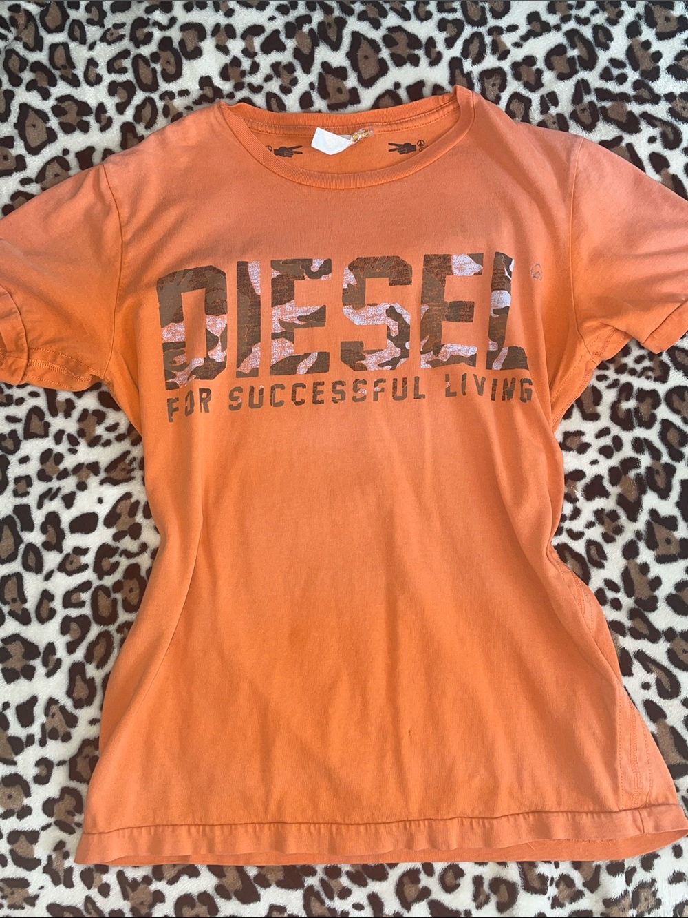 Authentic Diesel Orange Graphic Logo T-Shirt Camo Print